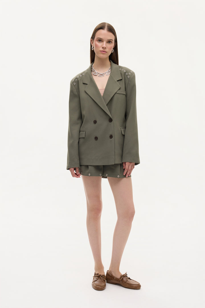 Kuş Gözü Detaylı Çift Düğmeli Oversize Blazer Ceket Haki