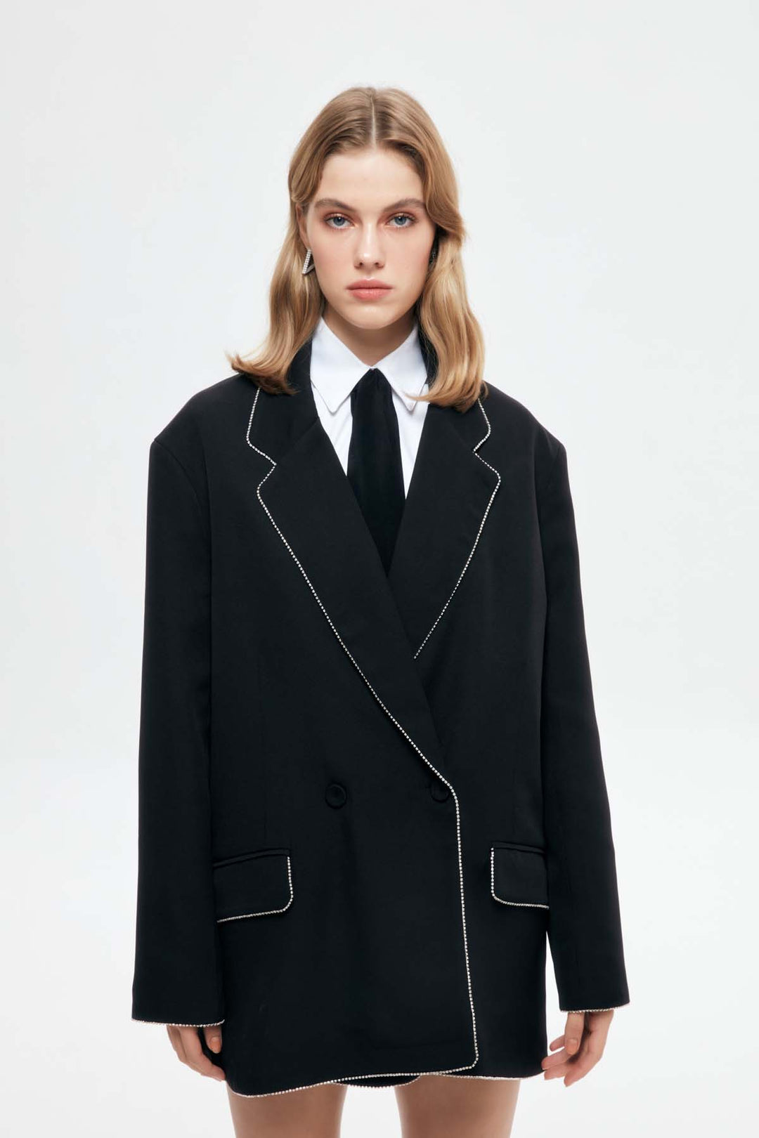 Stone Accessory Double Breasted Blazer Jacket Black