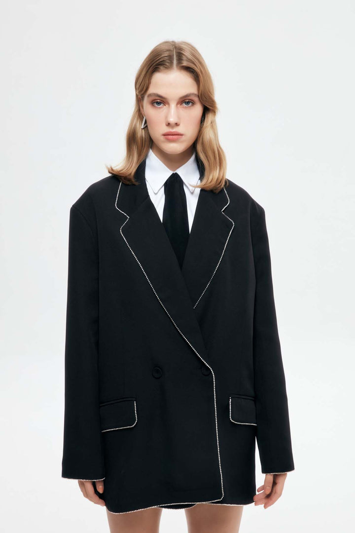 Stone Accessory Double Breasted Blazer Jacket Black