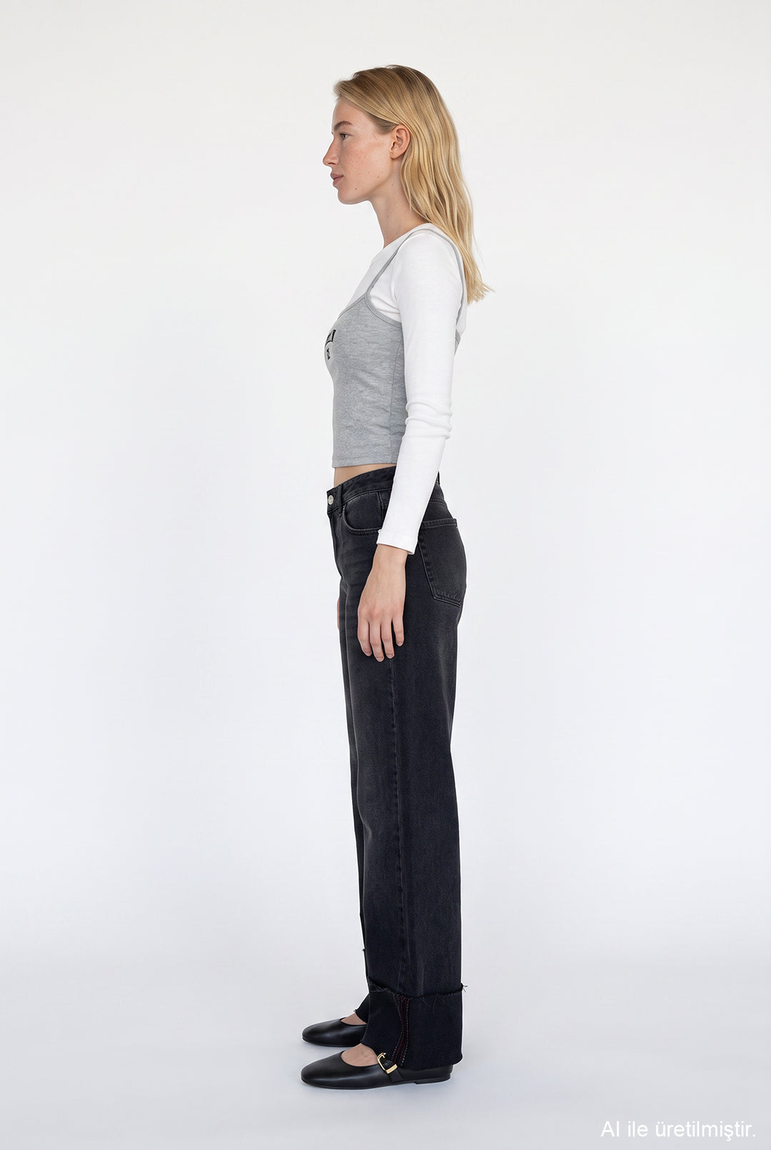 Katlamalı Paça Wide Leg Kot Pantolon Antrasit