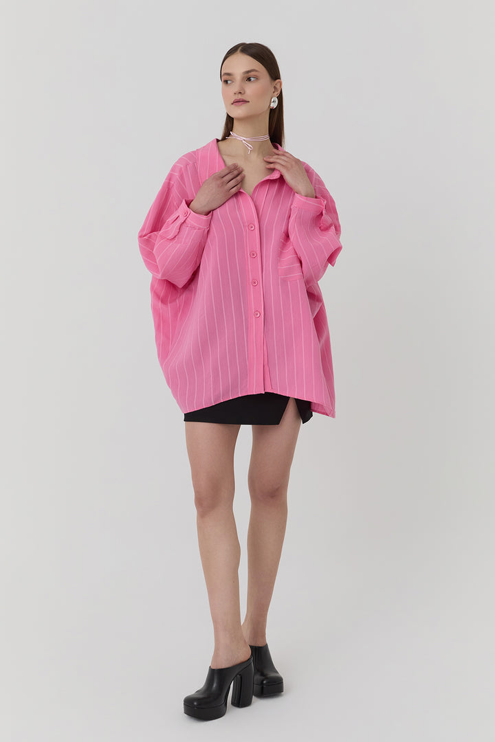 İnce Çizgi Detaylı Oversize Gömlek Pembe