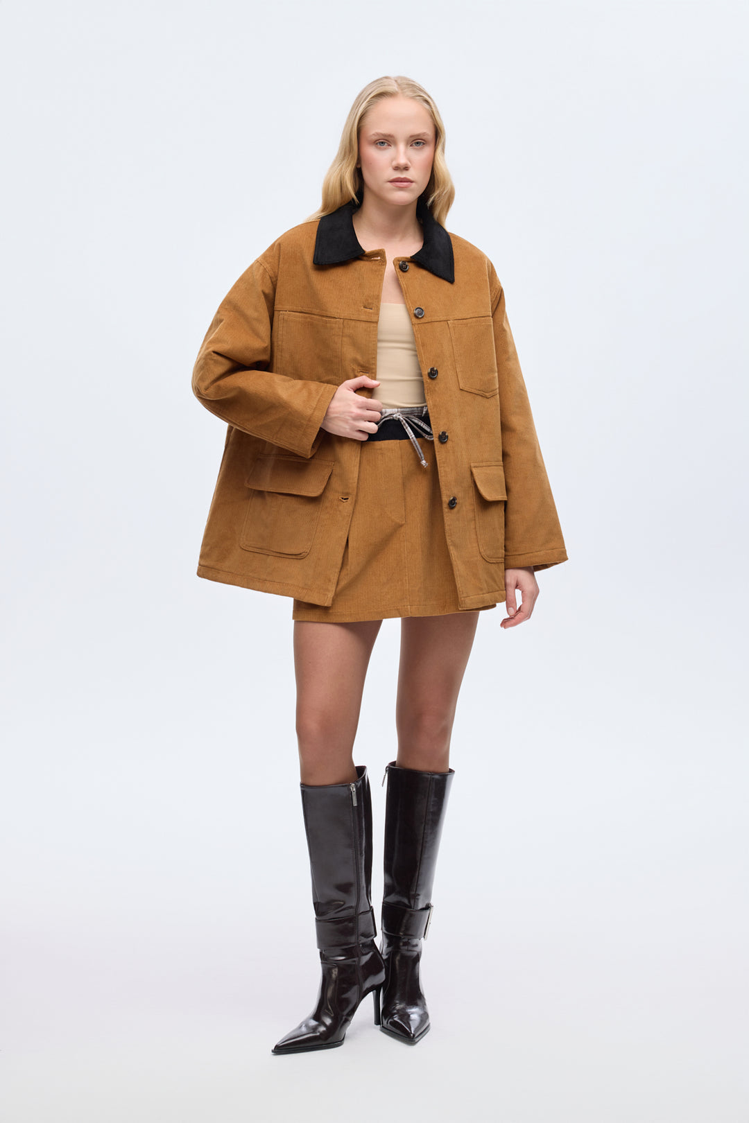 Kontrast Yaka Cepli Oversize Kadife Ceket Kahverengi