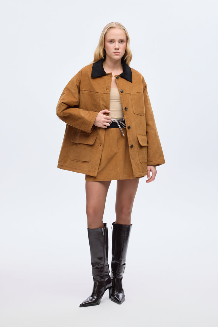 Kontrast Yaka Cepli Oversize Kadife Ceket Kahverengi