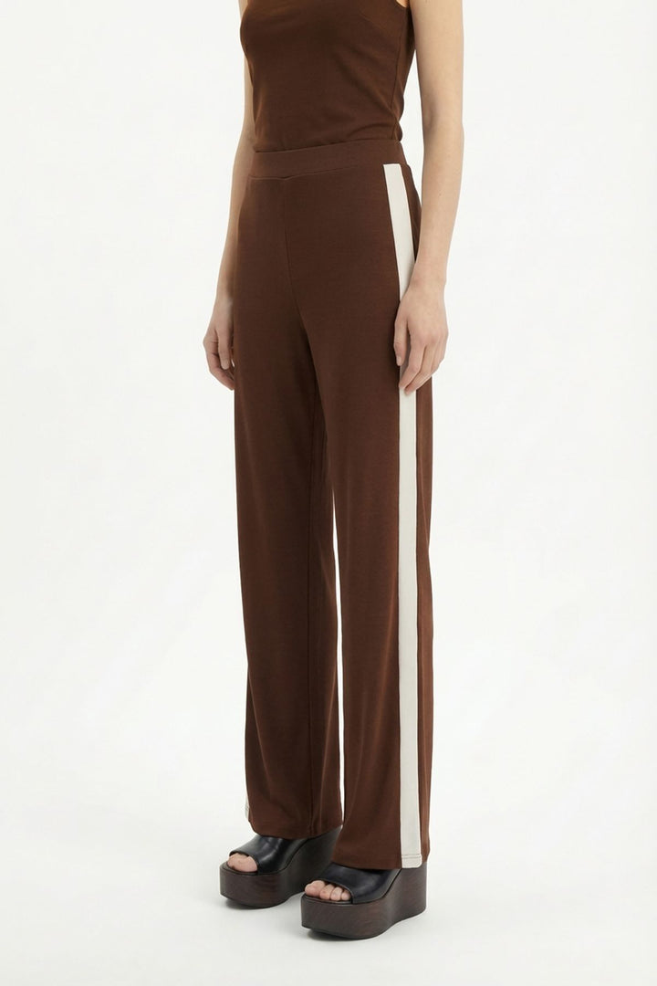 Kontrast Yan Şeritli Bol Paça Pantolon Kahverengi