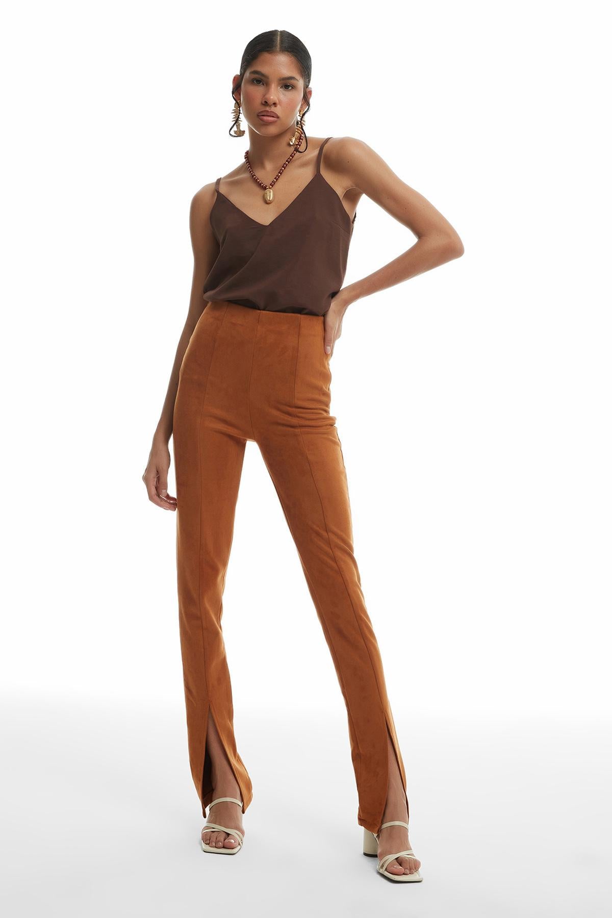 Slit Suede Trousers Tan