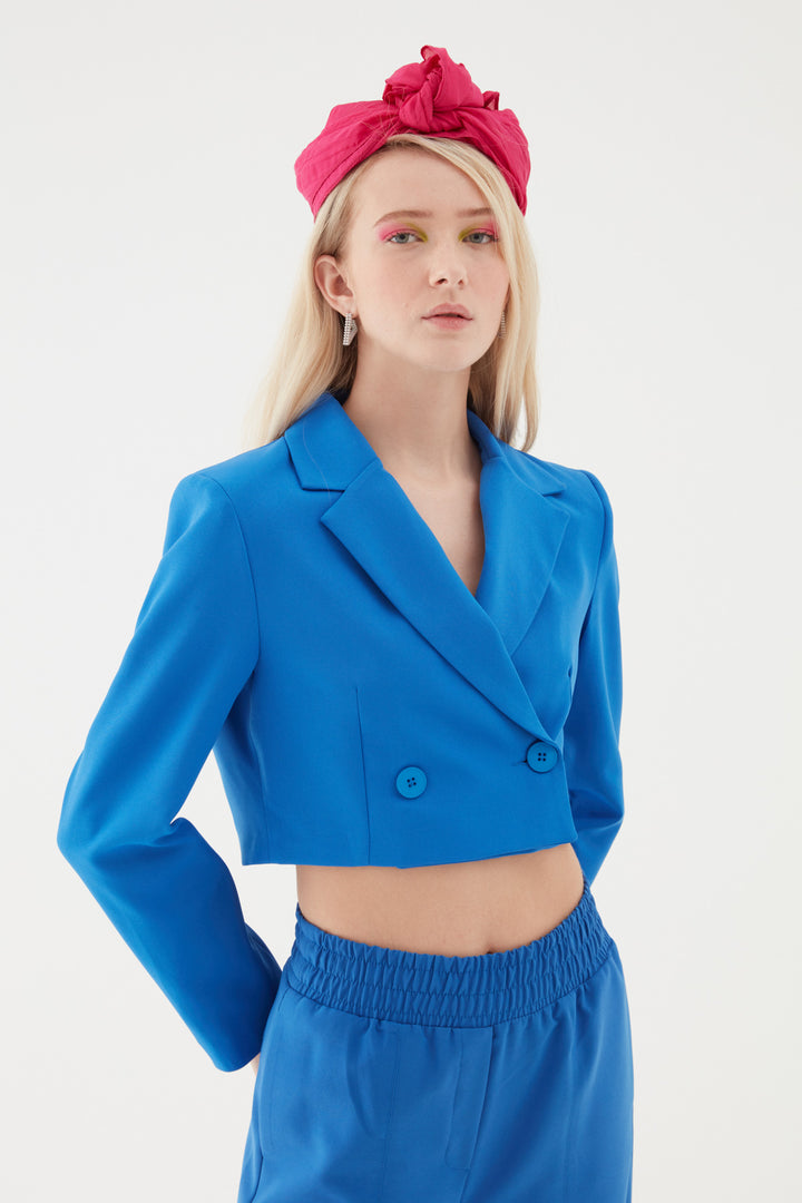 Kruvaze Crop Blazer Ceket Sax