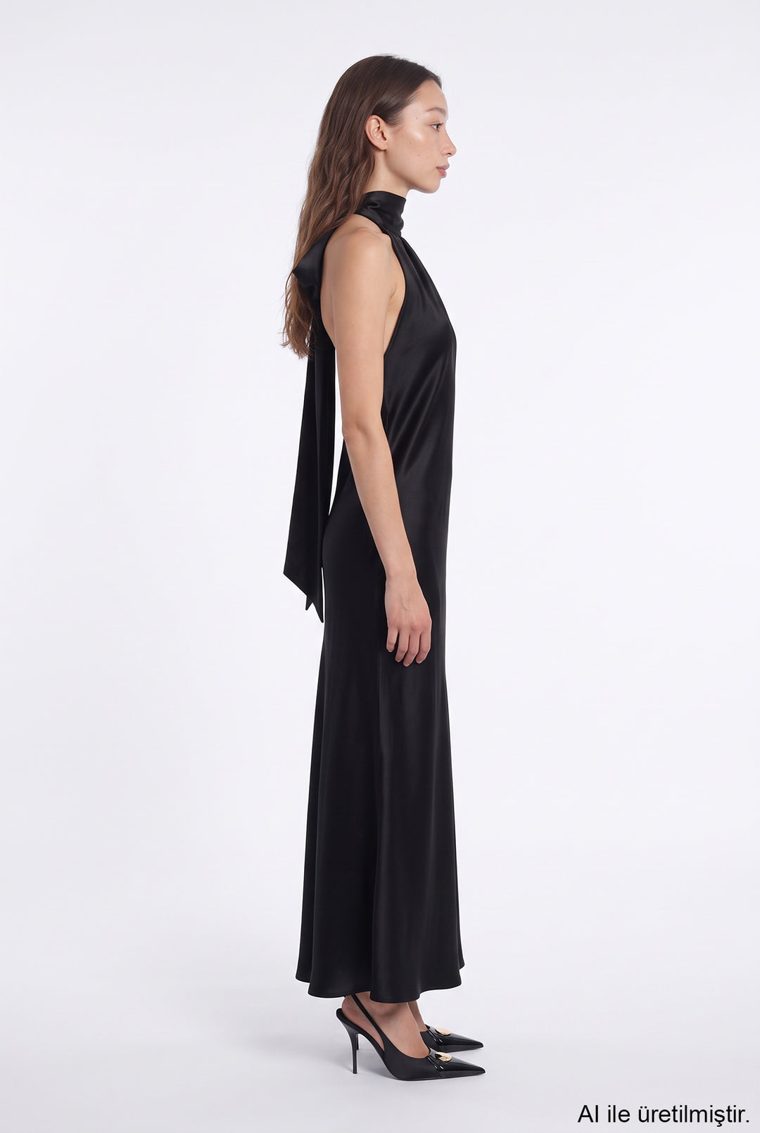 Halter Yaka Saten Uzun Elbise Siyah