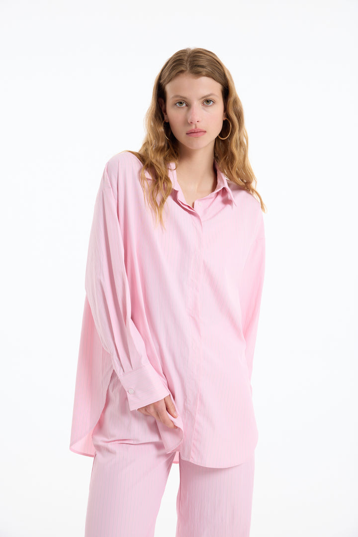 İnce Çizgili Oversize Gömlek Pembe