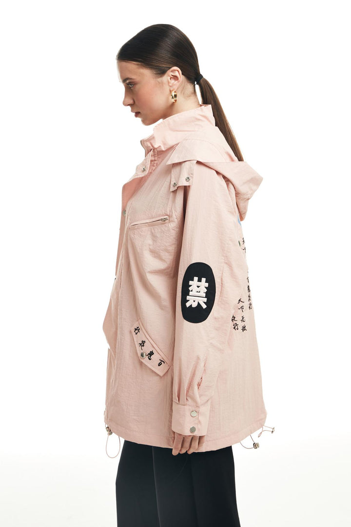 Embroidery Detailed Hooded Jacket Pink