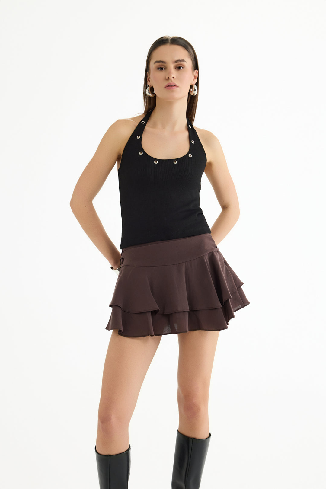 Kuş Gözü Detaylı Halter Yaka Atlet Siyah