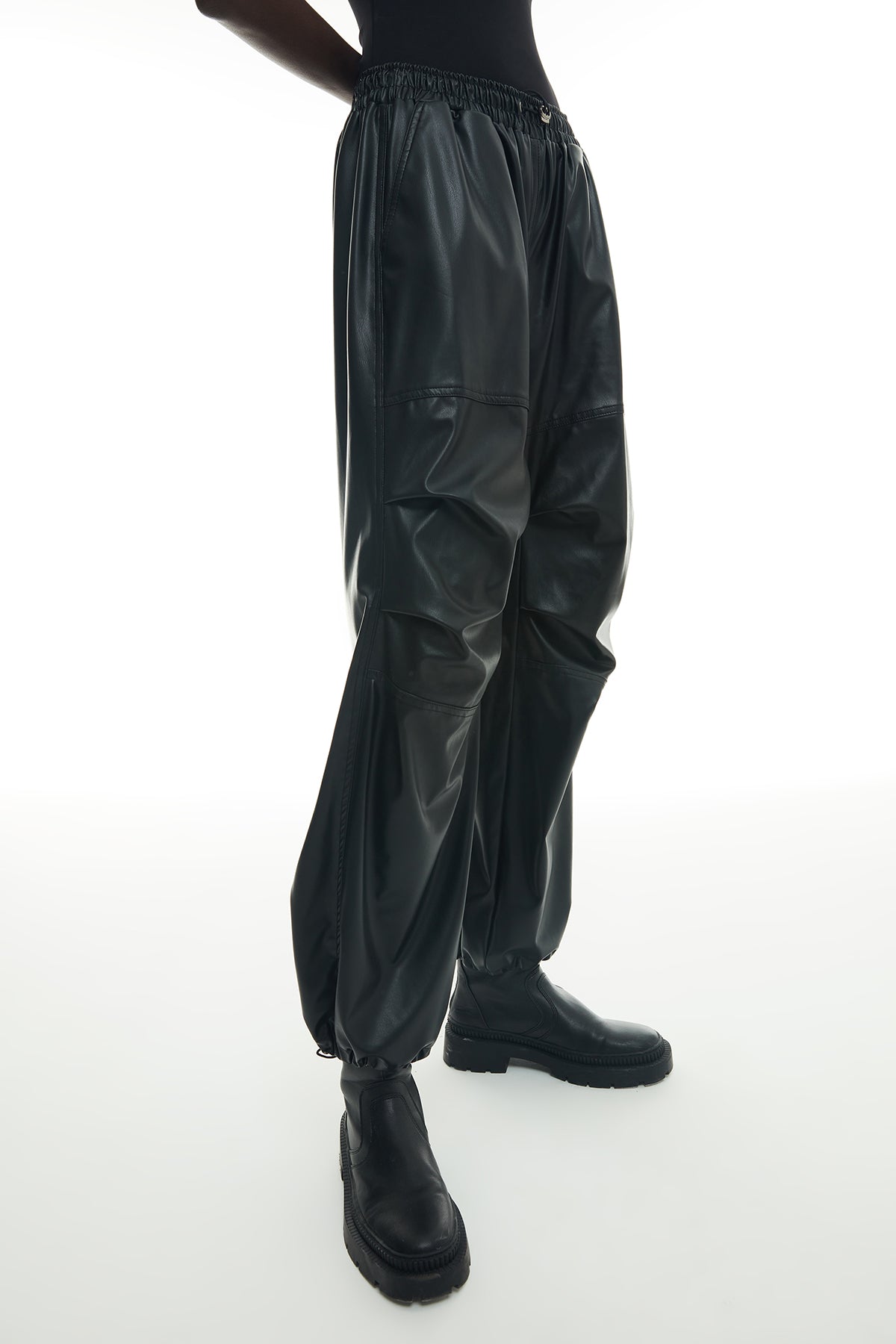 Leather Parachute Trousers With Elastic Legs Black