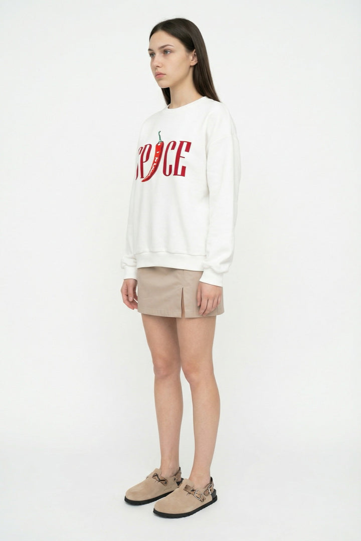 Biber Baskılı Oversize Sweatshirt Ekru
