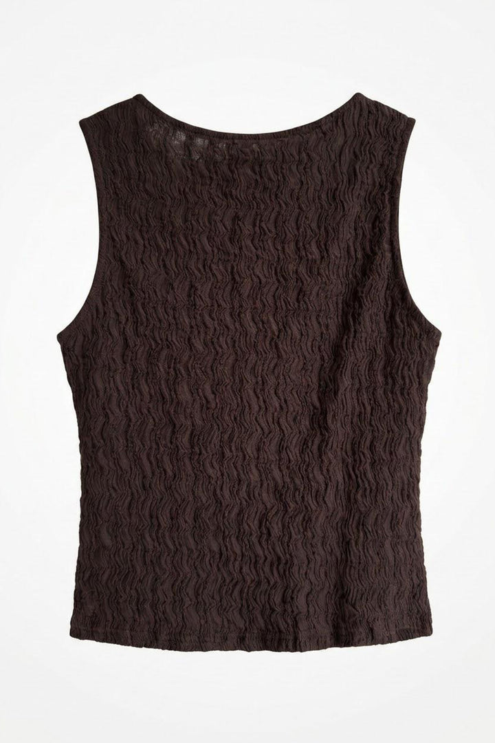 Önü Bağlamalı V Yaka Dokulu Bluz Kahverengi