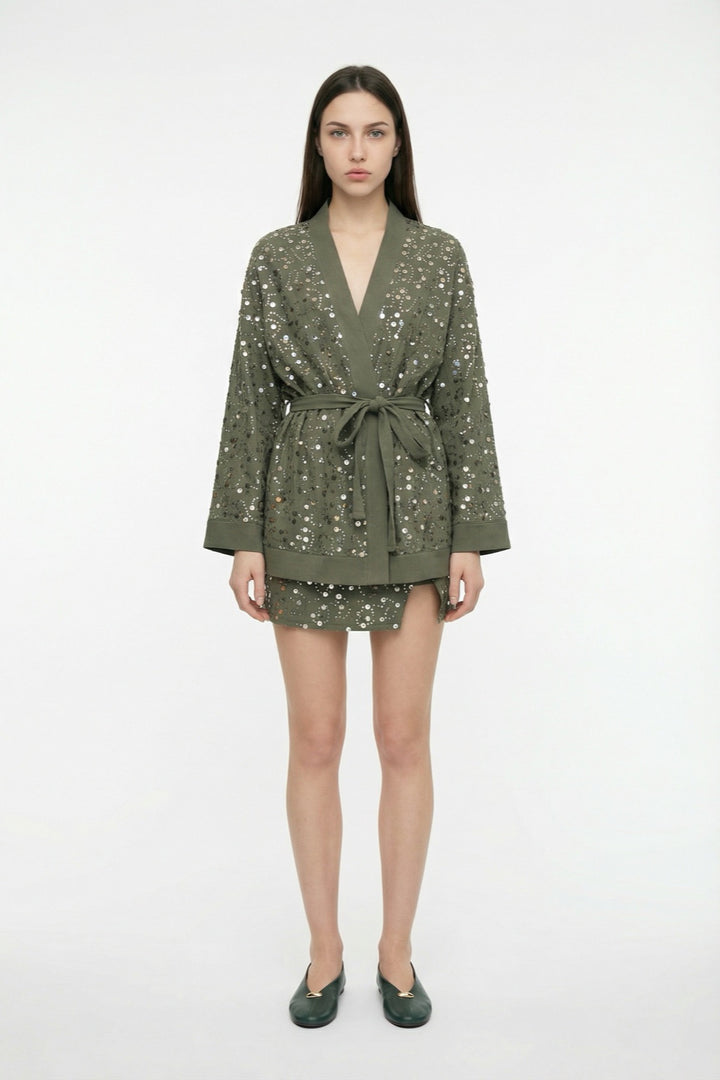 Pul İşlemeli Kuşaklı Kısa Kimono Haki