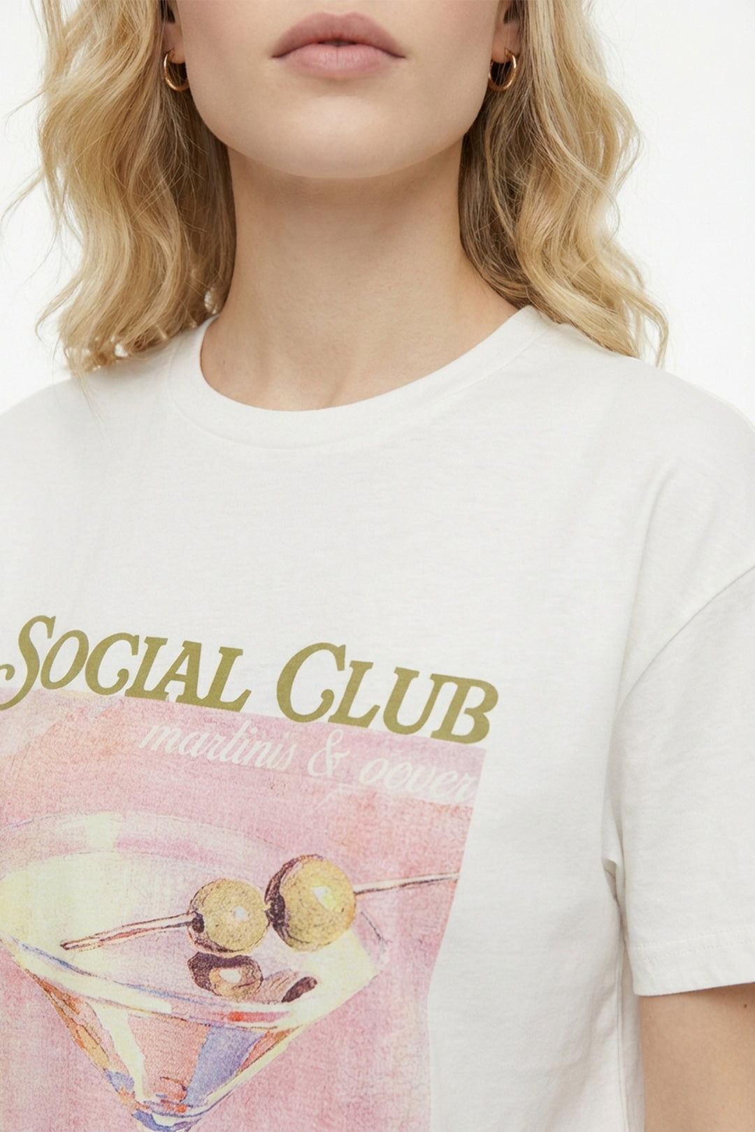 Kokteyl Baskılı Bisiklet Yaka Tişört Ekru