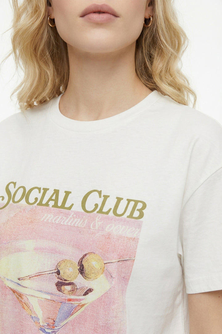 Kokteyl Baskılı Bisiklet Yaka Tişört Ekru