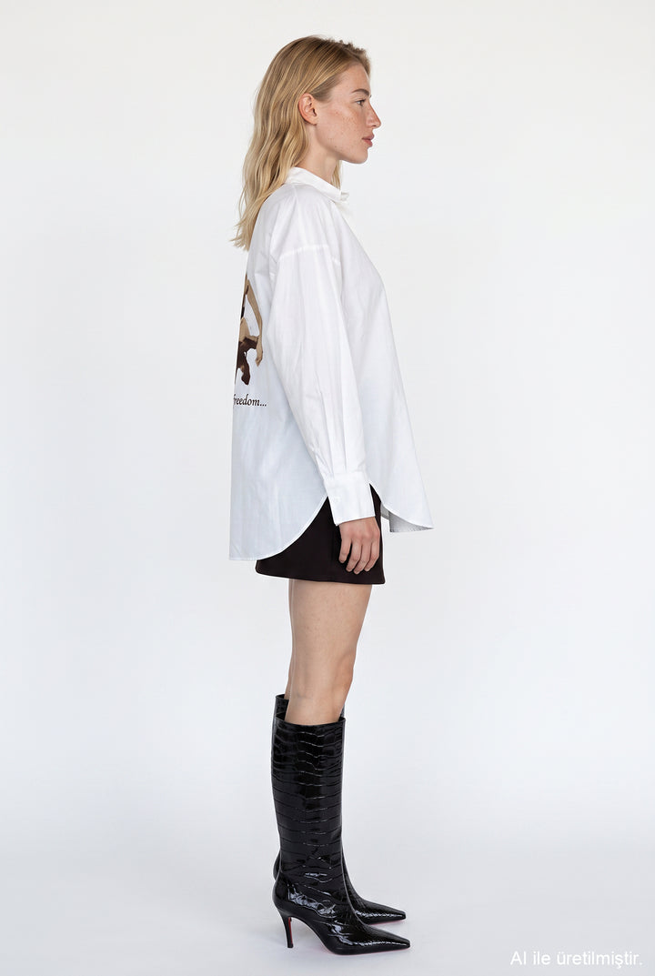 Sırtı At Nakışlı Oversize Gömlek Ekru
