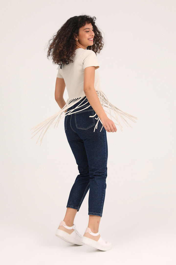 Ucu Püsküllü Tişört Bej