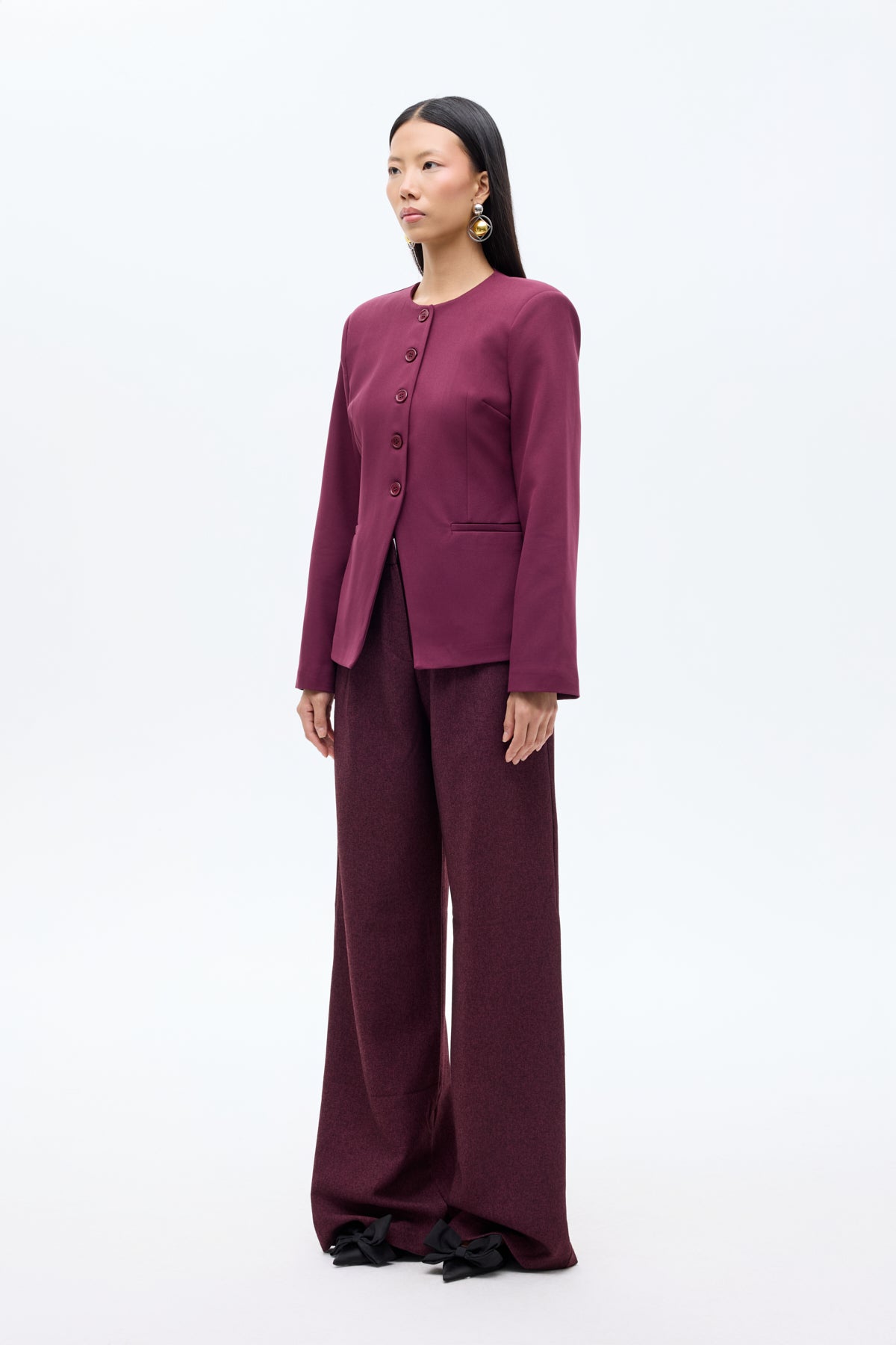 Yuvarlak Yaka Düğmeli Blazer Ceket Mürdüm – QUZU