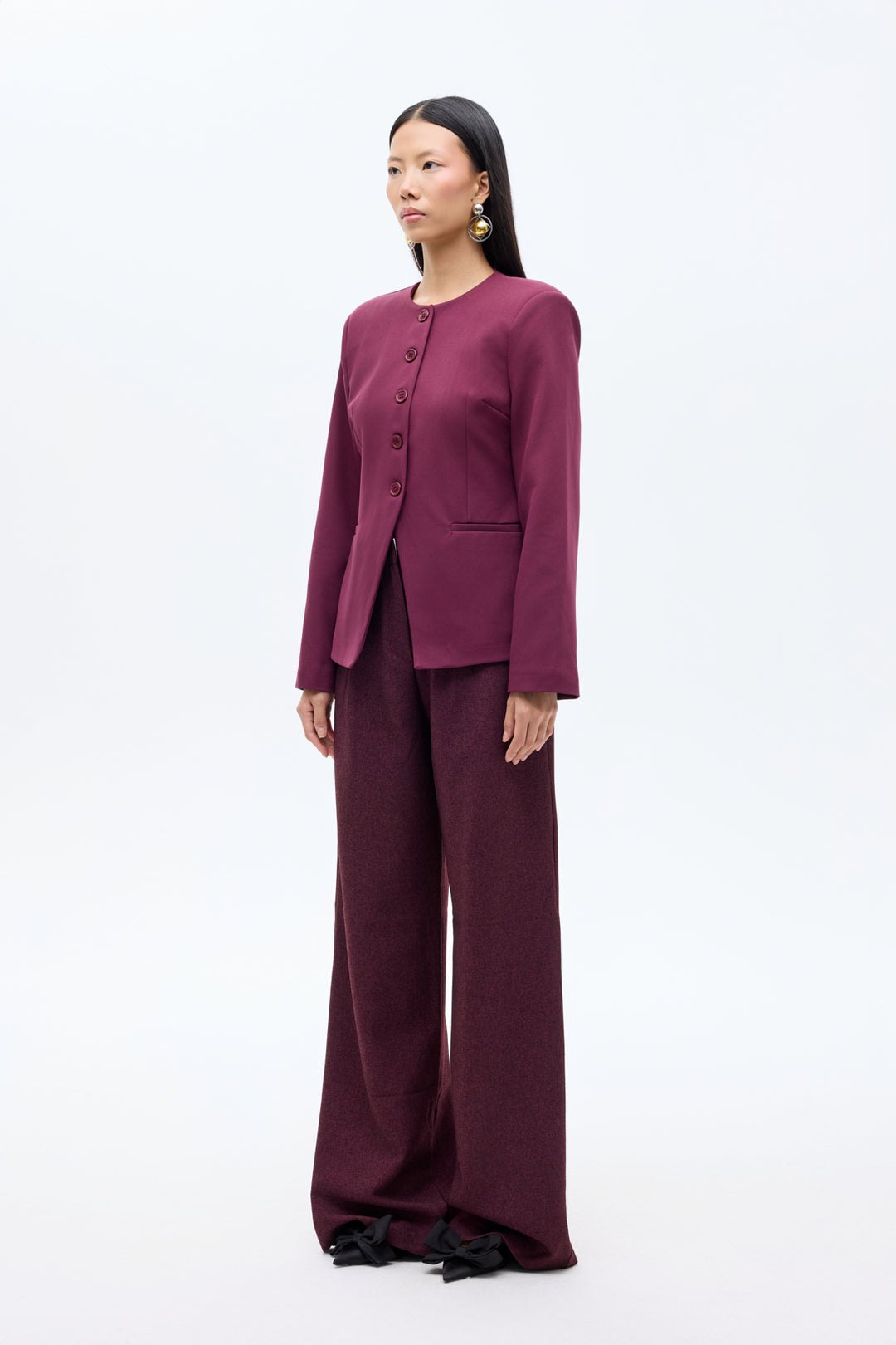 Yuvarlak Yaka Düğmeli Blazer Ceket Mürdüm