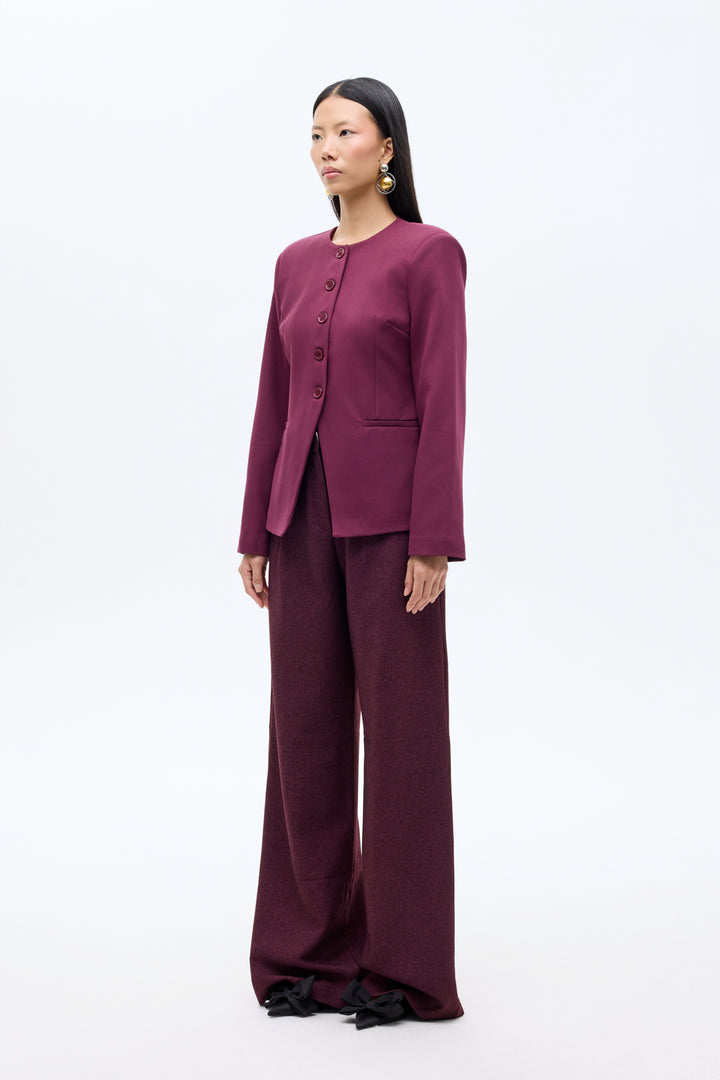 Yuvarlak Yaka Düğmeli Blazer Ceket Mürdüm