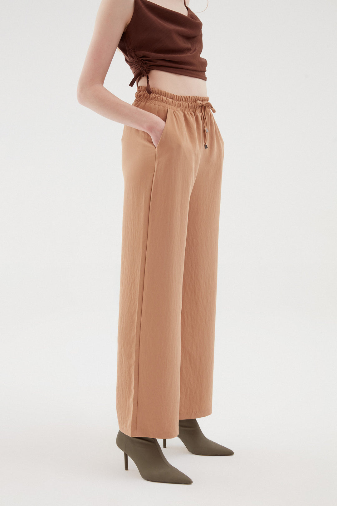 Elastic Waist Wide Leg Trousers Beige