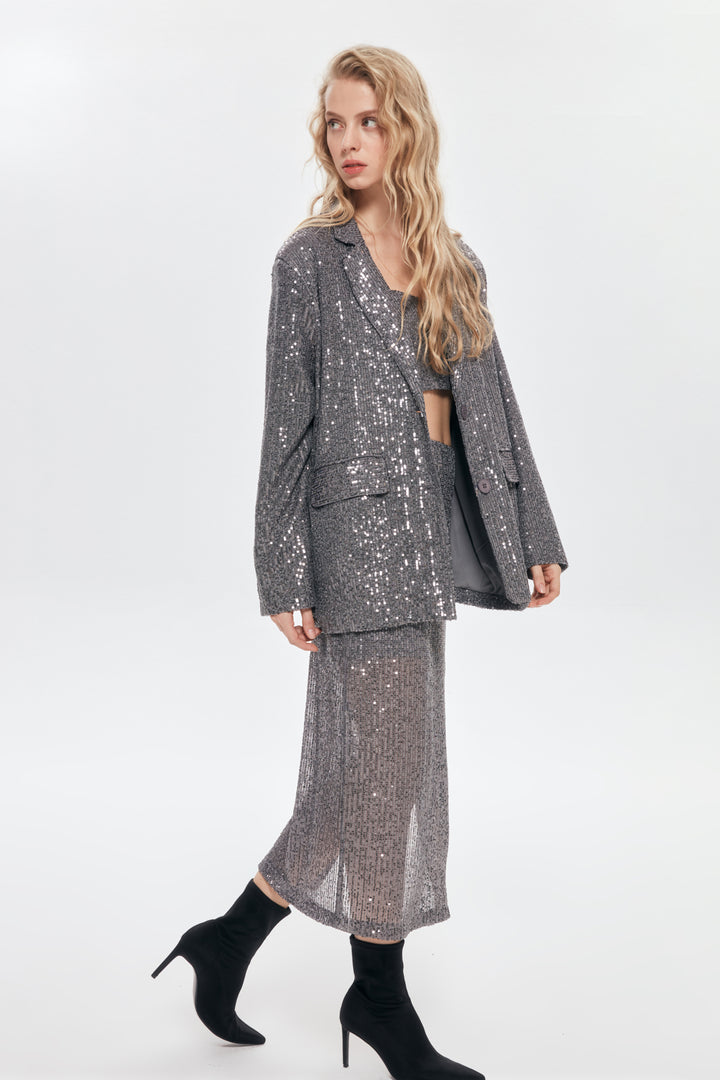 Payet Detaylı Oversize  Blazer Ceket Gri
