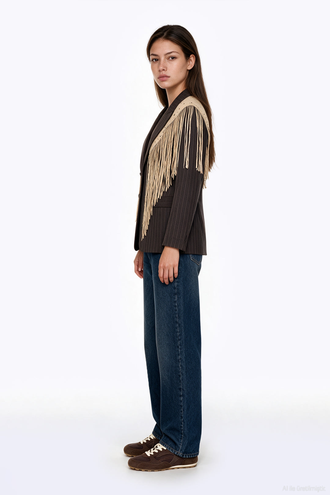 Püsküllü Şallı Oversize Blazer Ceket Kahverengi