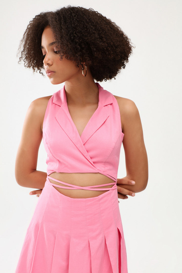 Cut Out Bağlamalı Elbise Şeker Pembe