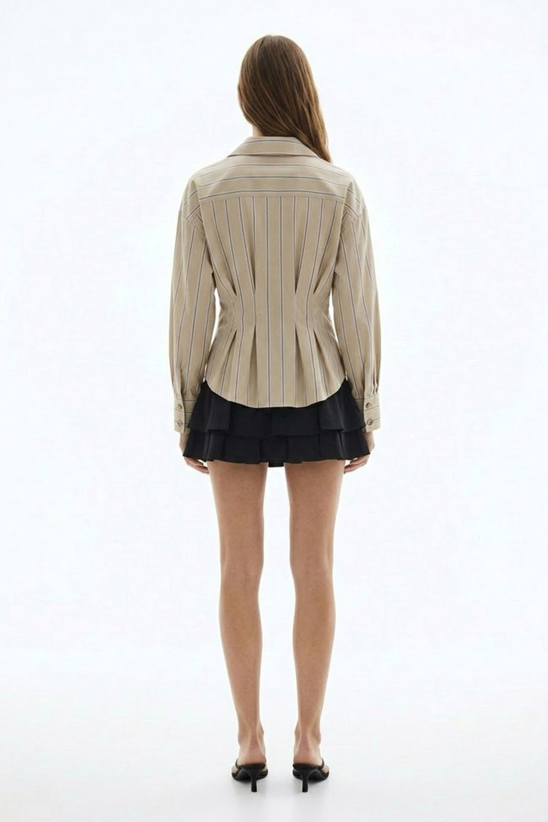 Çizgili Bele Oturan Gömlek Bej