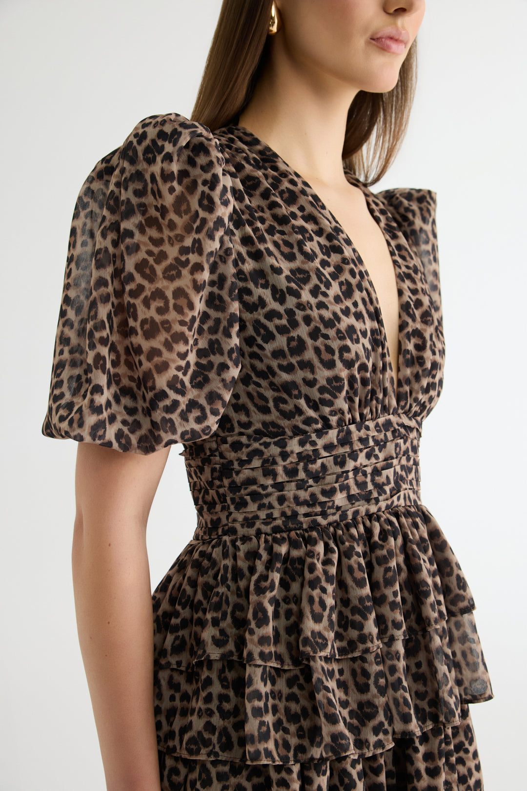 Leopar Desenli Balon Kol Mini Elbise Kahverengi