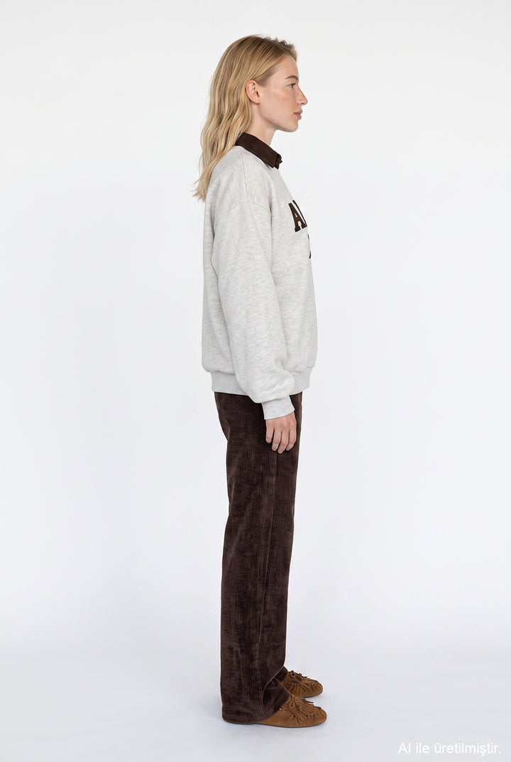 Polo Yaka Amore Nakışlı Oversize Sweatshirt Bejmelanj