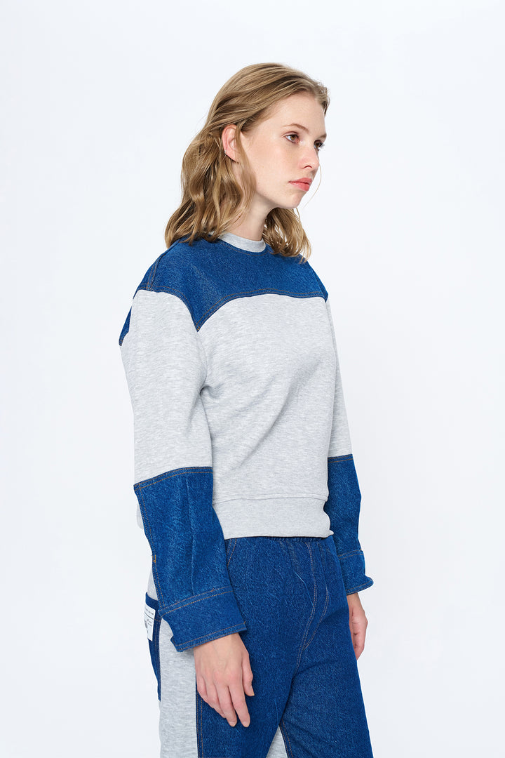 Denim Detaylı Sweatshirt Gri