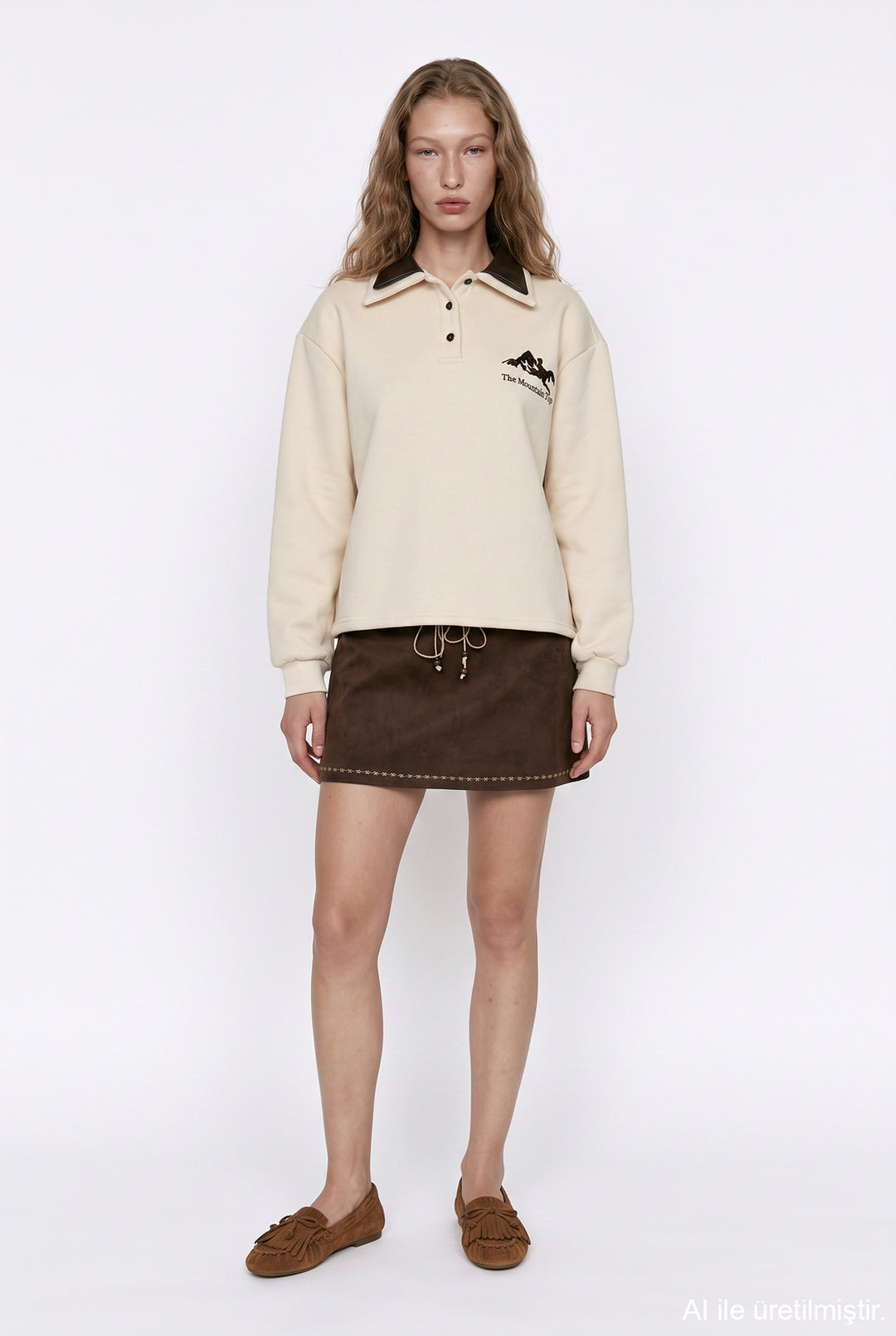 Polo Yaka Yazı Nakışlı Oversize Sweatshirt Bej