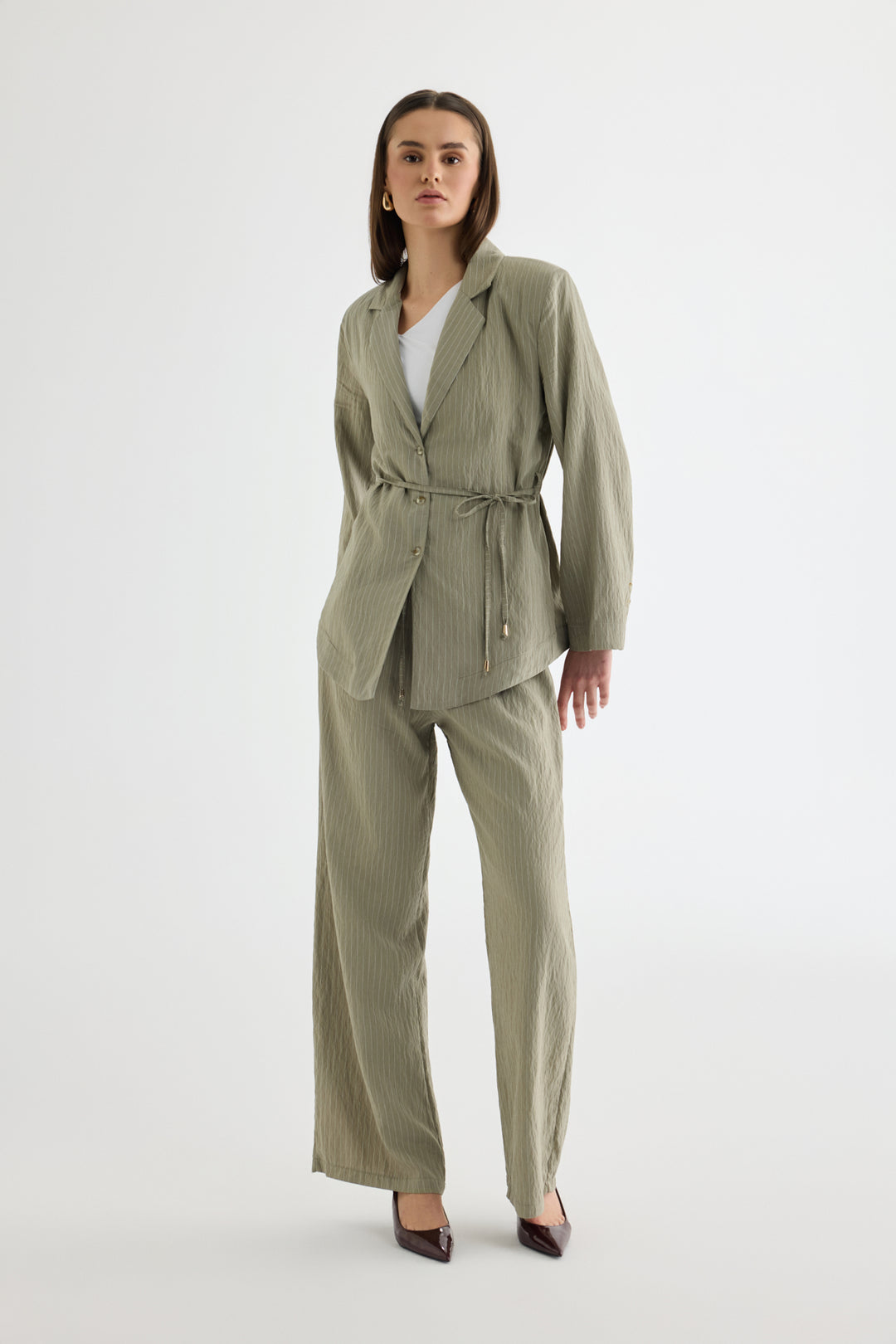 Çizgili Bağcıklı Gömlek Ceket Haki