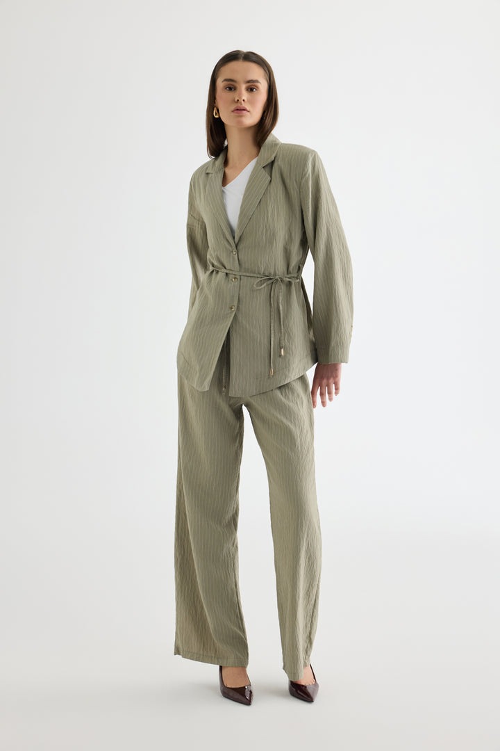 Çizgili Bağcıklı Gömlek Ceket Haki