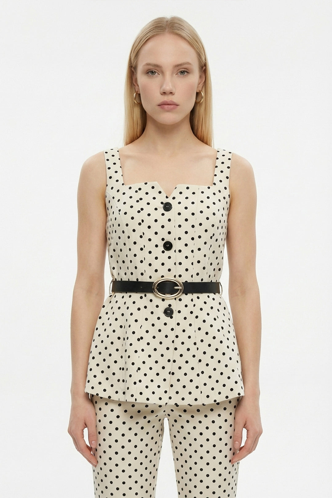 Puantiyeli Kemerli Kare Yaka Bluz Krem