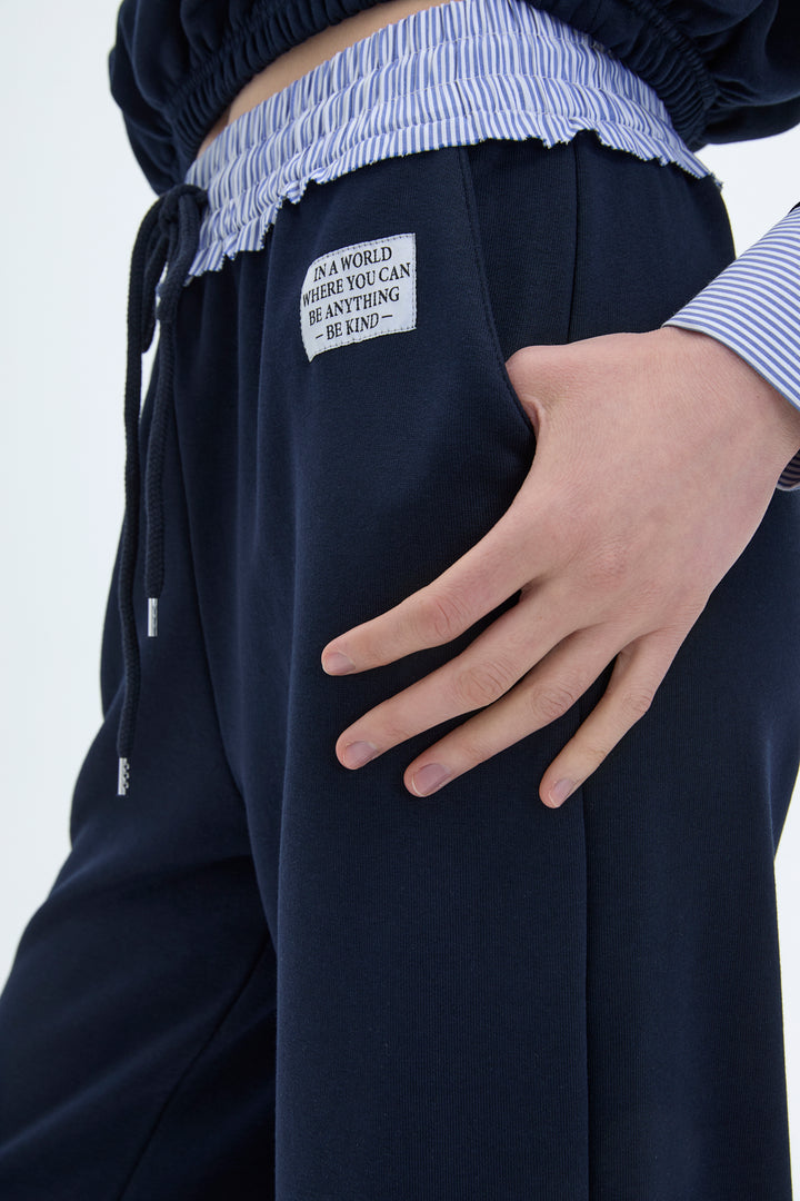 Çizgili Boxer Bel Detaylı Etiketli Pantolon Lacivert