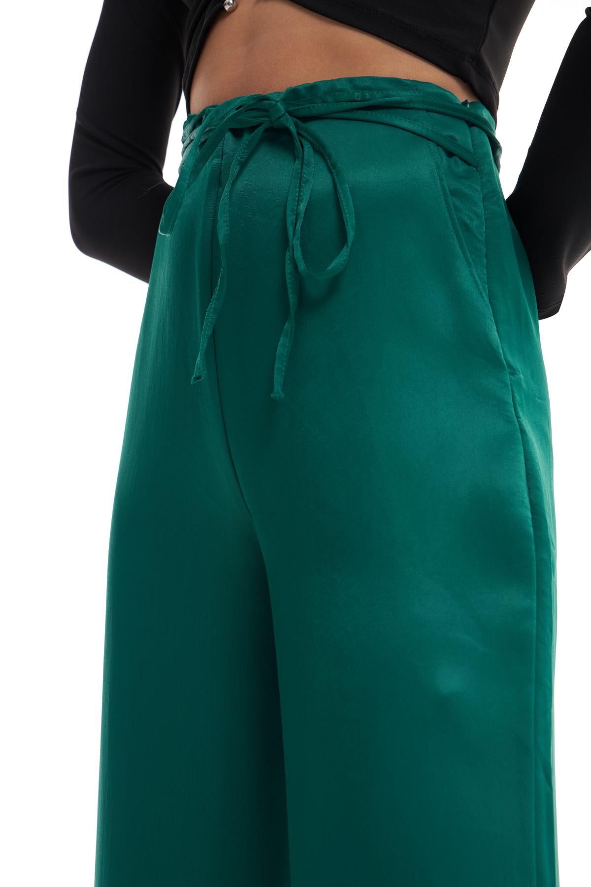 Wide Leg Satin Trousers Dark Green