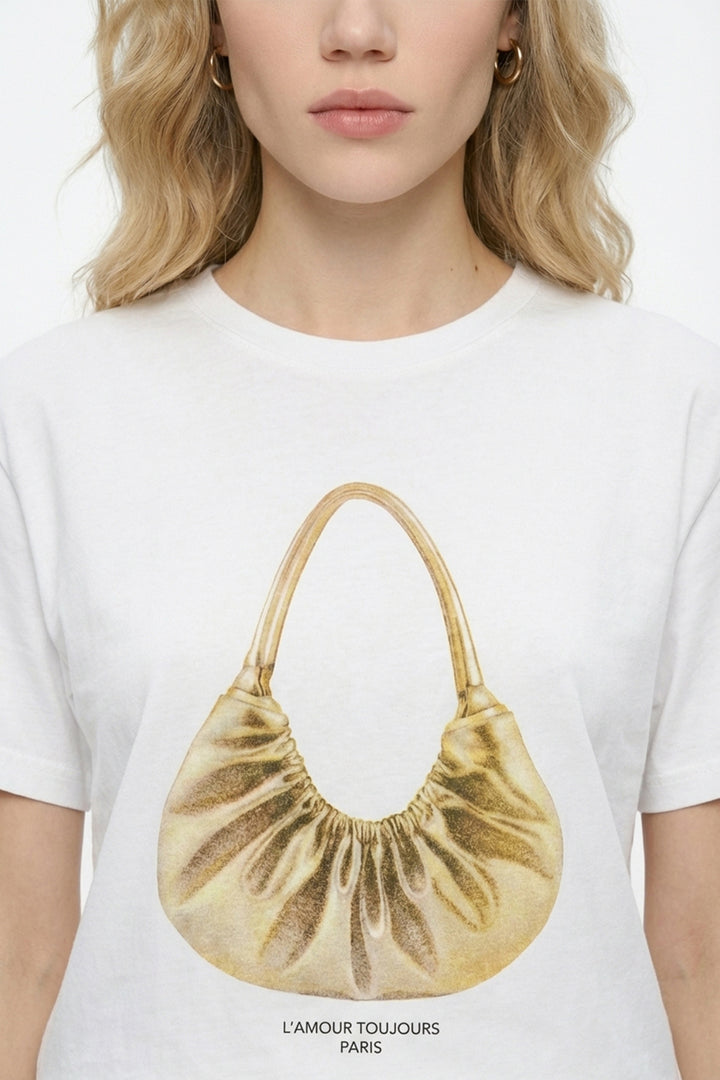 Çanta Baskılı Bisiklet Yaka Tişört Ekru