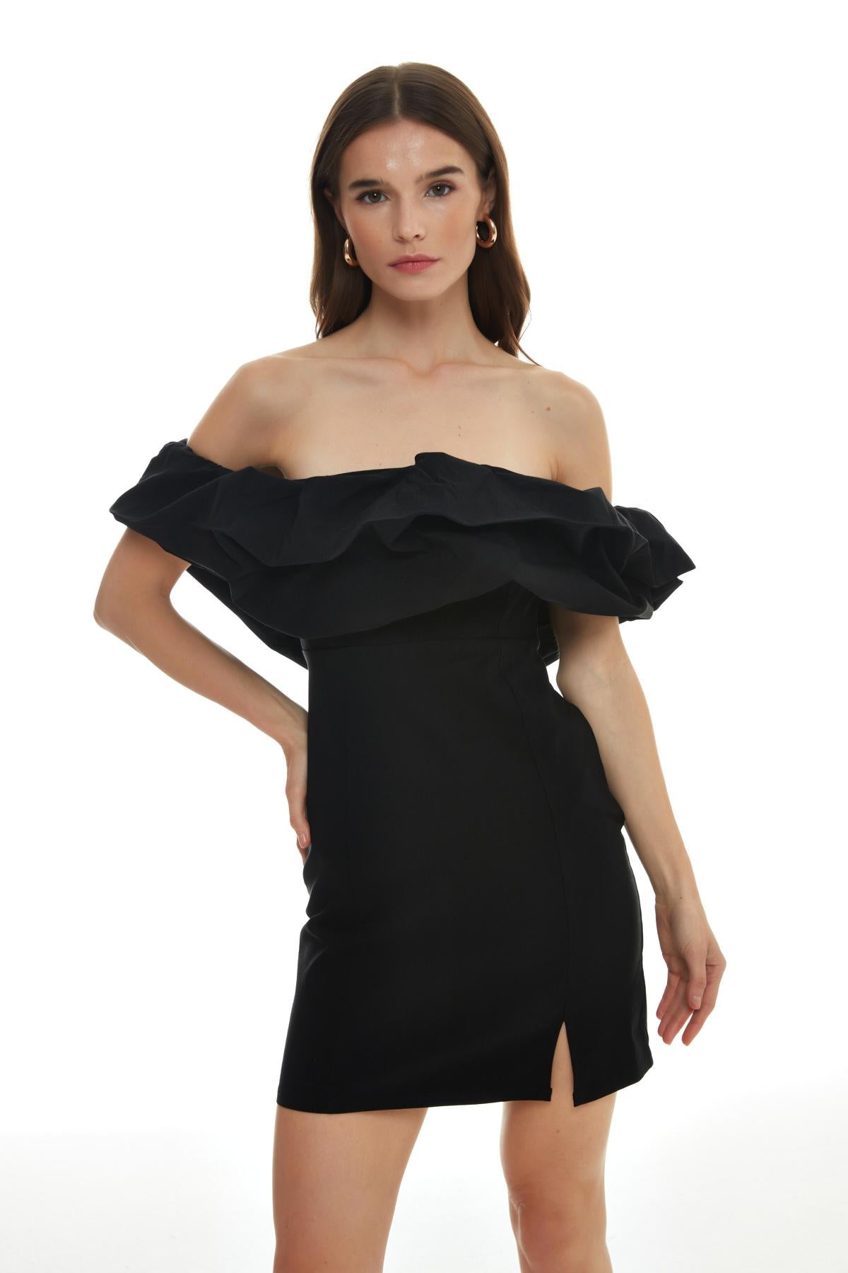 Frill Detailed Strapless Mini Dress Black