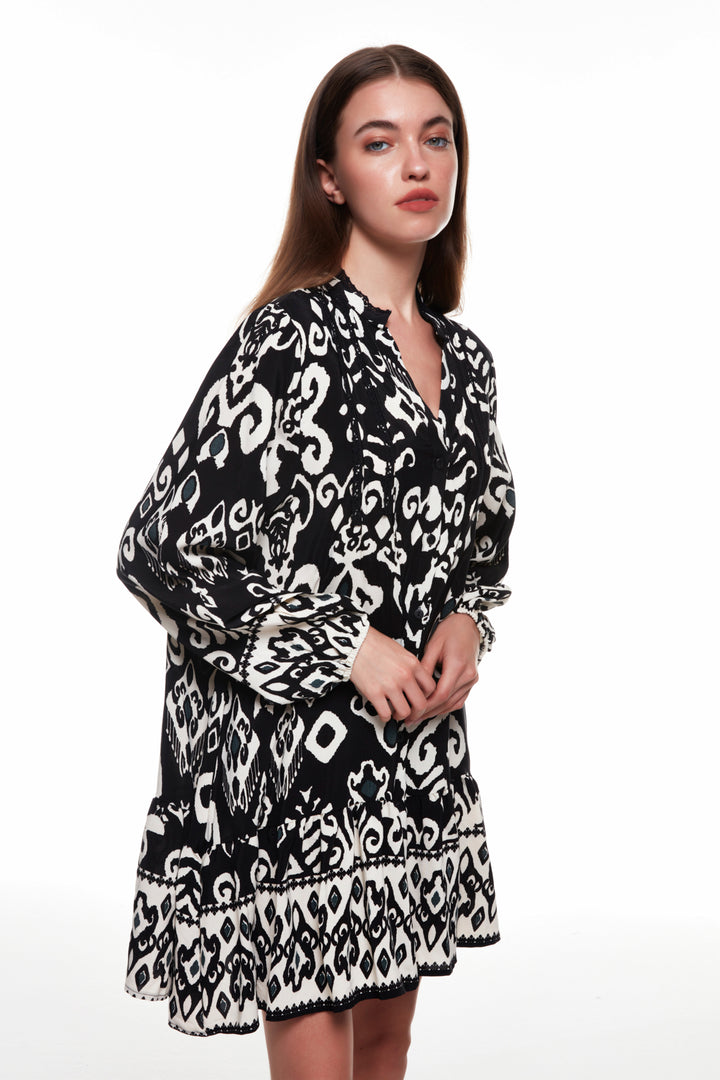 Pleated Patterned Mini Dress Black