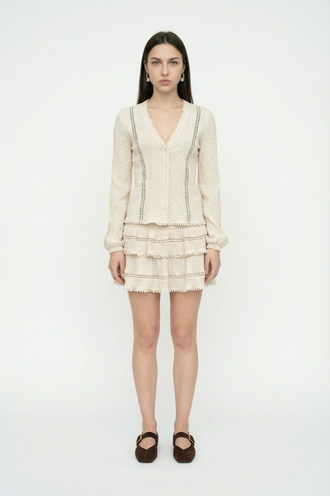 V Yaka Dokulu Gömlek Bej