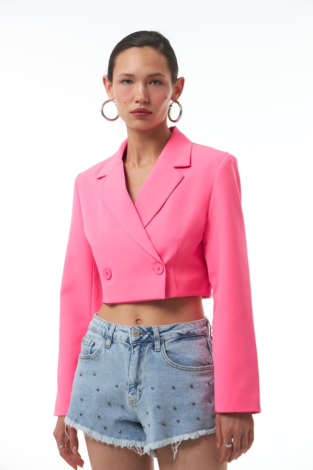 Kruvaze Crop Blazer Ceket Şeker Pembe