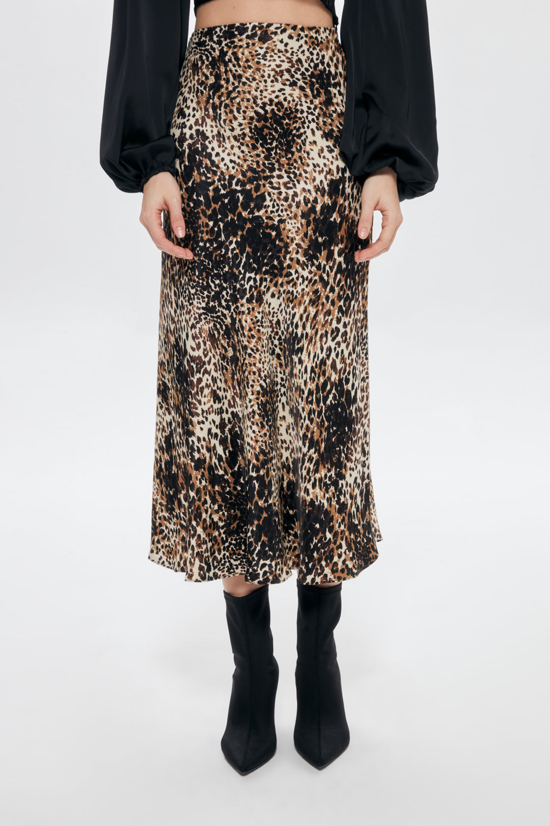 Leopard Pattern Satin Midi Skirt Brown