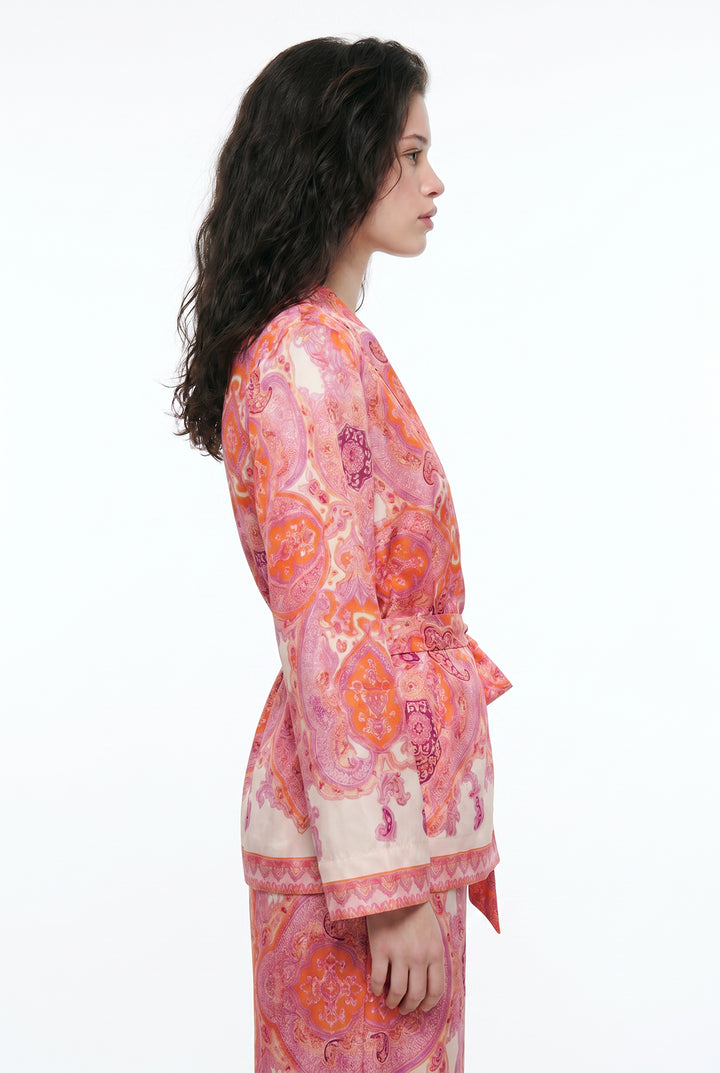 Şal Desenli Kuşaklı Kısa Kimono Pembe