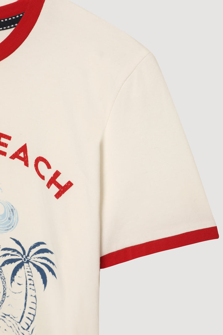 Şeritli Yazı Baskılı Crop Tişört Ekru