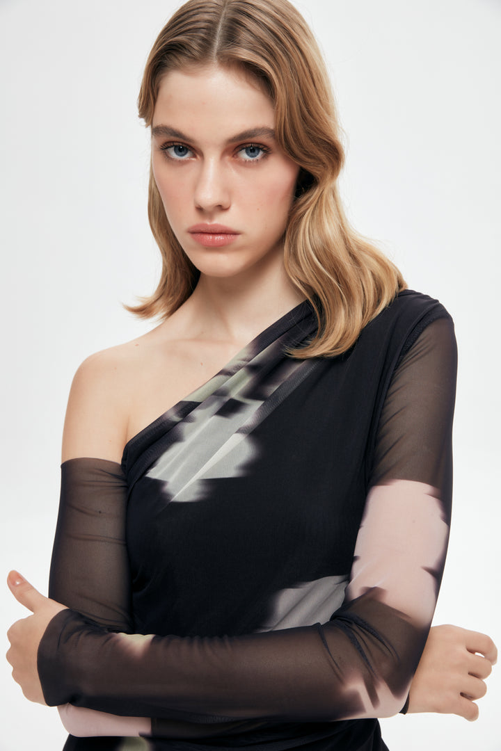 Asymmetrical Neckline Tulle Long Dress Black