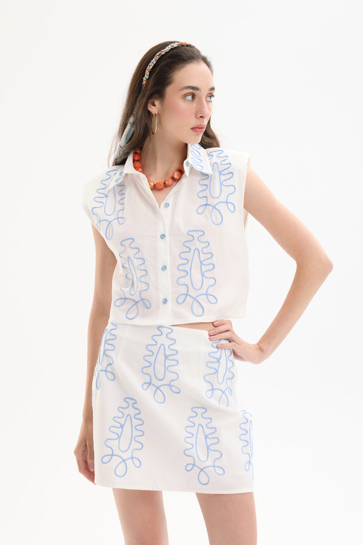 Etnik Motif Nakışlı Mini Etek Ekru