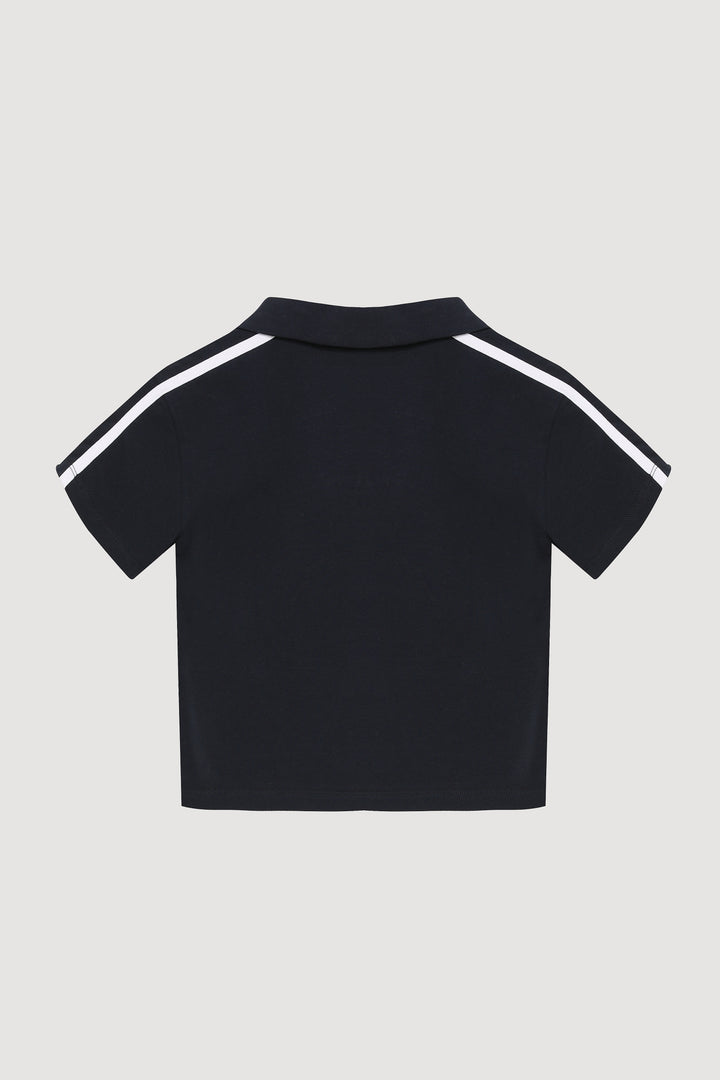 Polo Yaka Baskılı Crop Tişört Lacivert